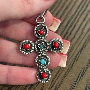 Sterling Silver Cross Pendant with Turquoise, and Red Coral Stones